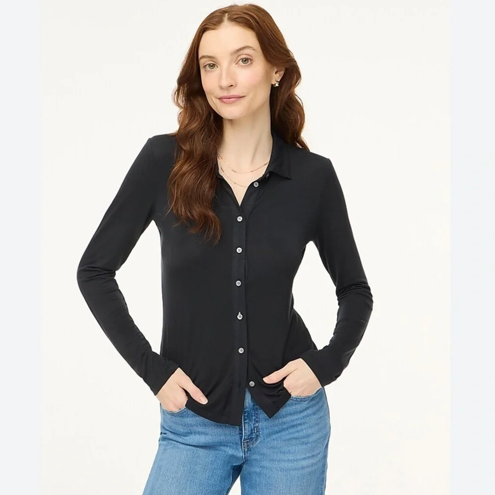 NWT JCrew Black Knit long-sleeve button-up top Sz XS Sold Out - Picture 1 of 11